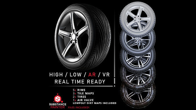 CAR WHEEL PACK 01 AR - VR - Highpoly - Low-poly 3D model