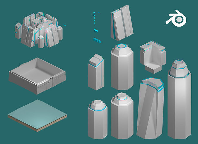 Sci-fi isometric city SET Low-poly 3D model