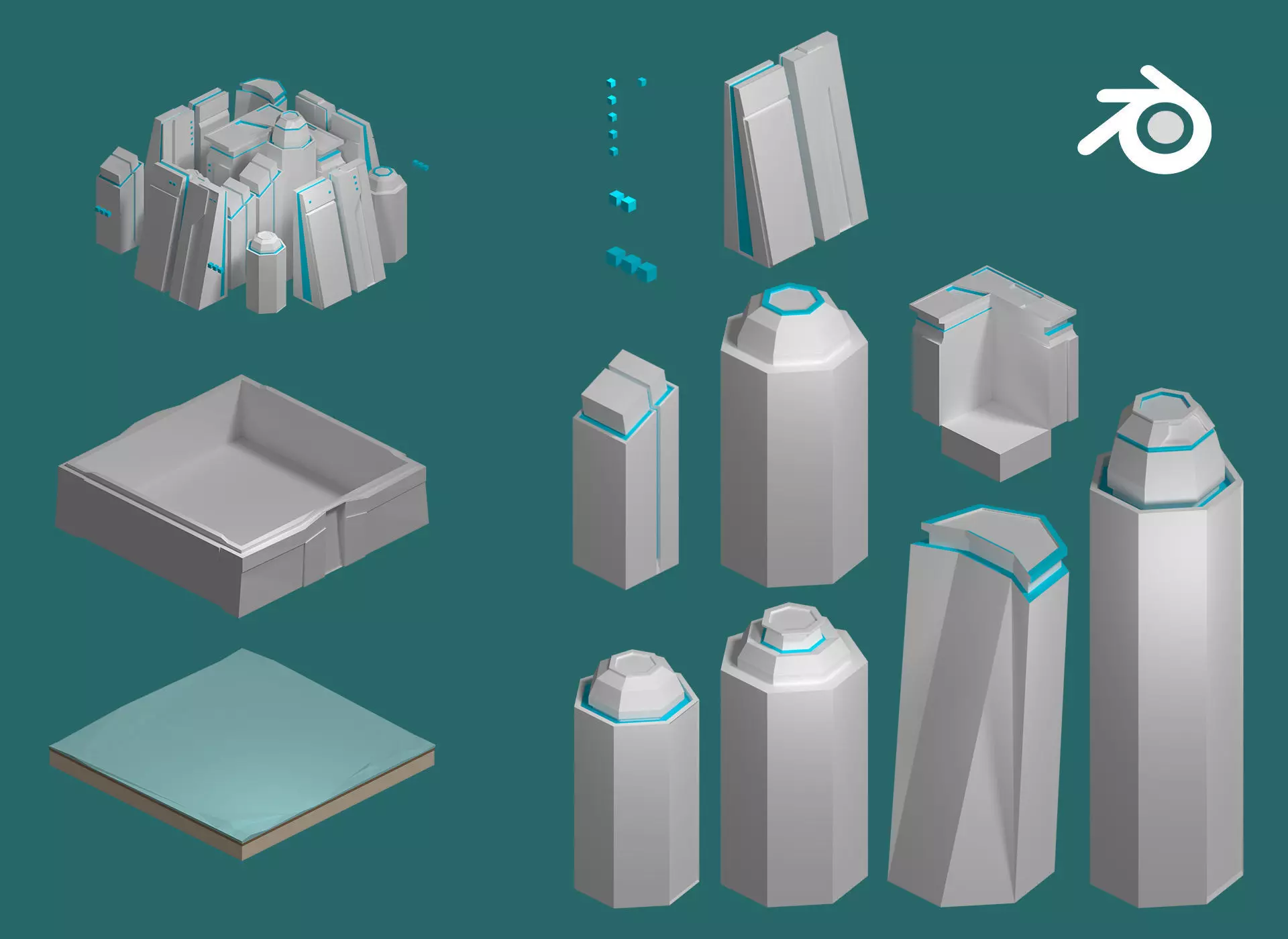 Sci-fi isometric city SET Low-poly 3D model_0