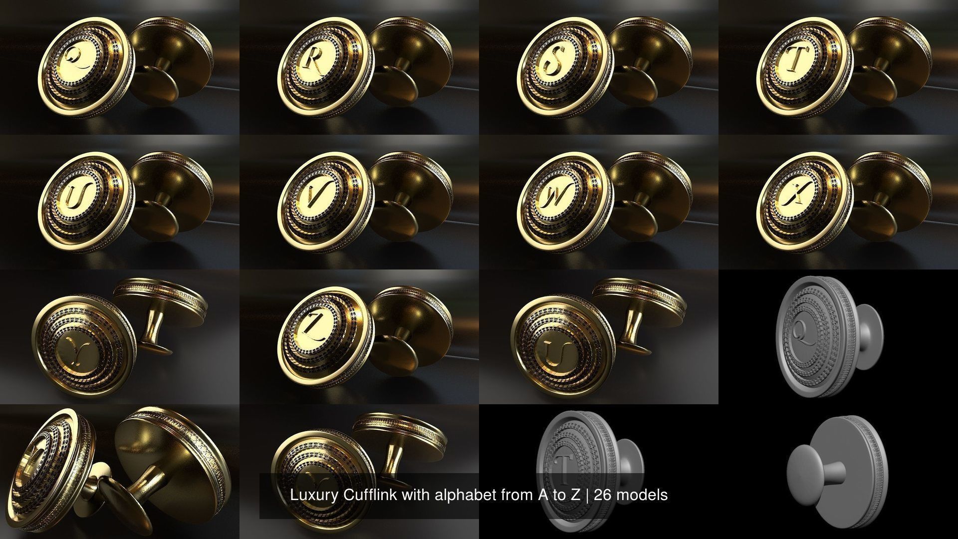 Luxury Cufflink with alphabet from A to Z 3D Model Collection