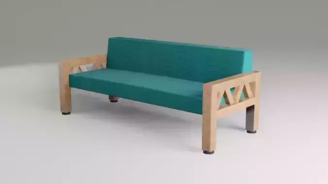 Sofa 3D model wooden bench with teal upholstered seat
