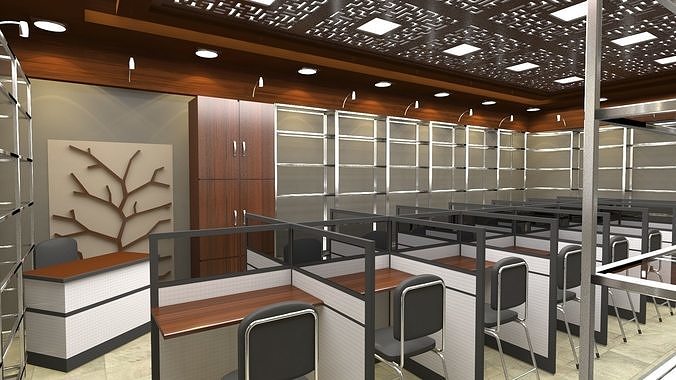Library office room with desks and chairs Low-poly 3D model