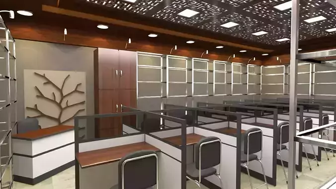 Library office room with desks and chairs