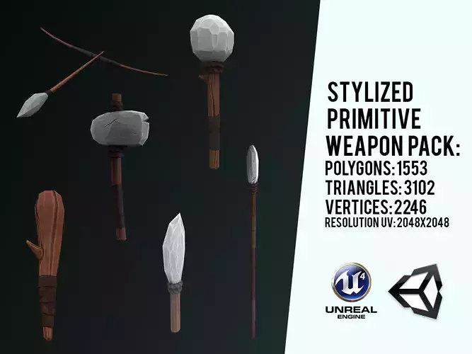 Stylized Primitive Weapons pack Low-poly 3D model