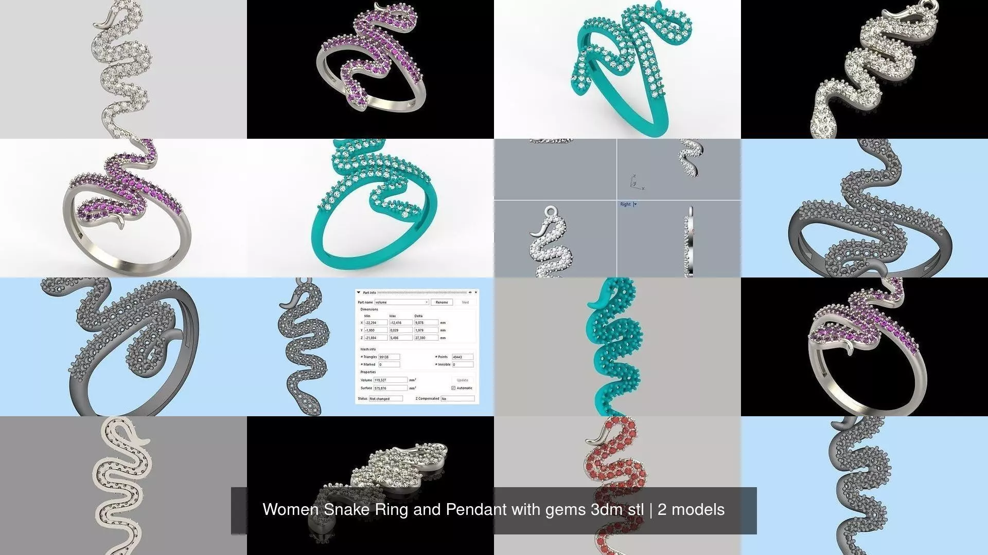 Women Snake Ring and Pendant with gems 3dm stl 3D Model Collection_0