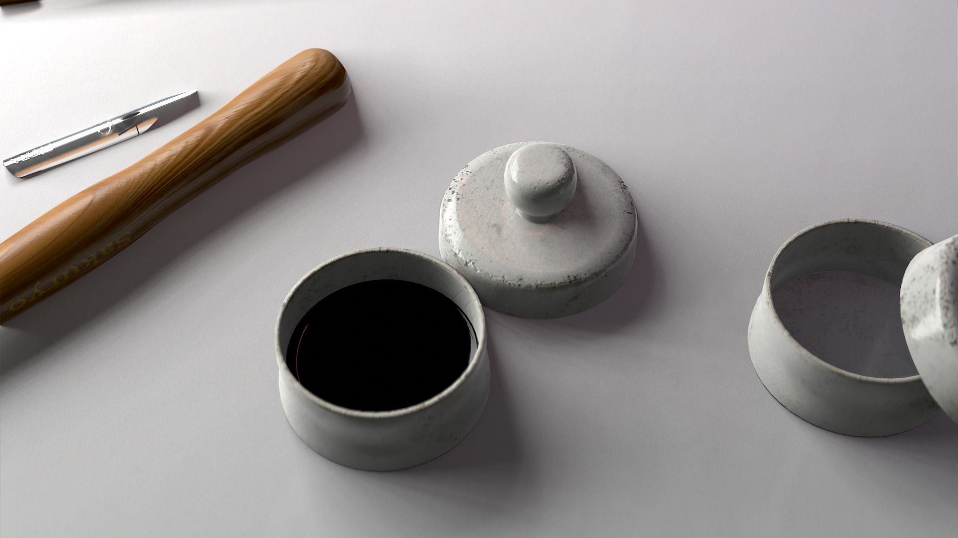 Calligraphy Set Dip Pen G Nib Ink Ceramic Pot and Pen Support 3D model_1