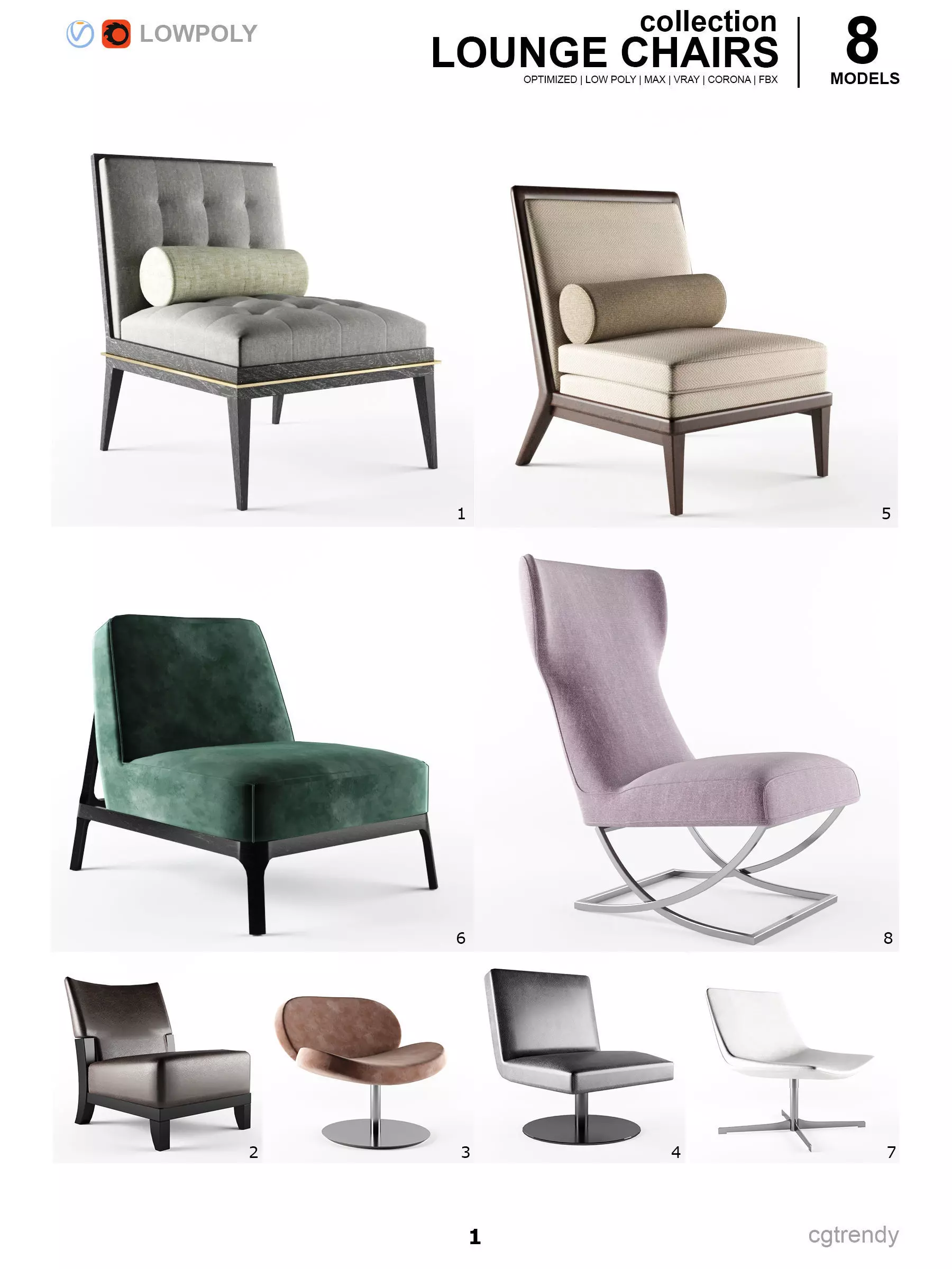 Lounge Chairs Pack - 8 Models Low-poly 3D model
