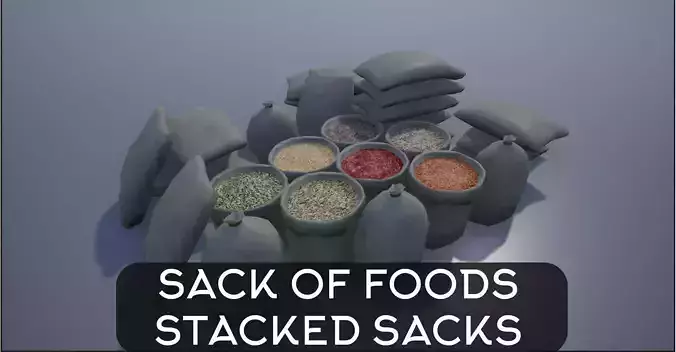 Stacked Sacks and Sack of food and spice Low-poly 3D model