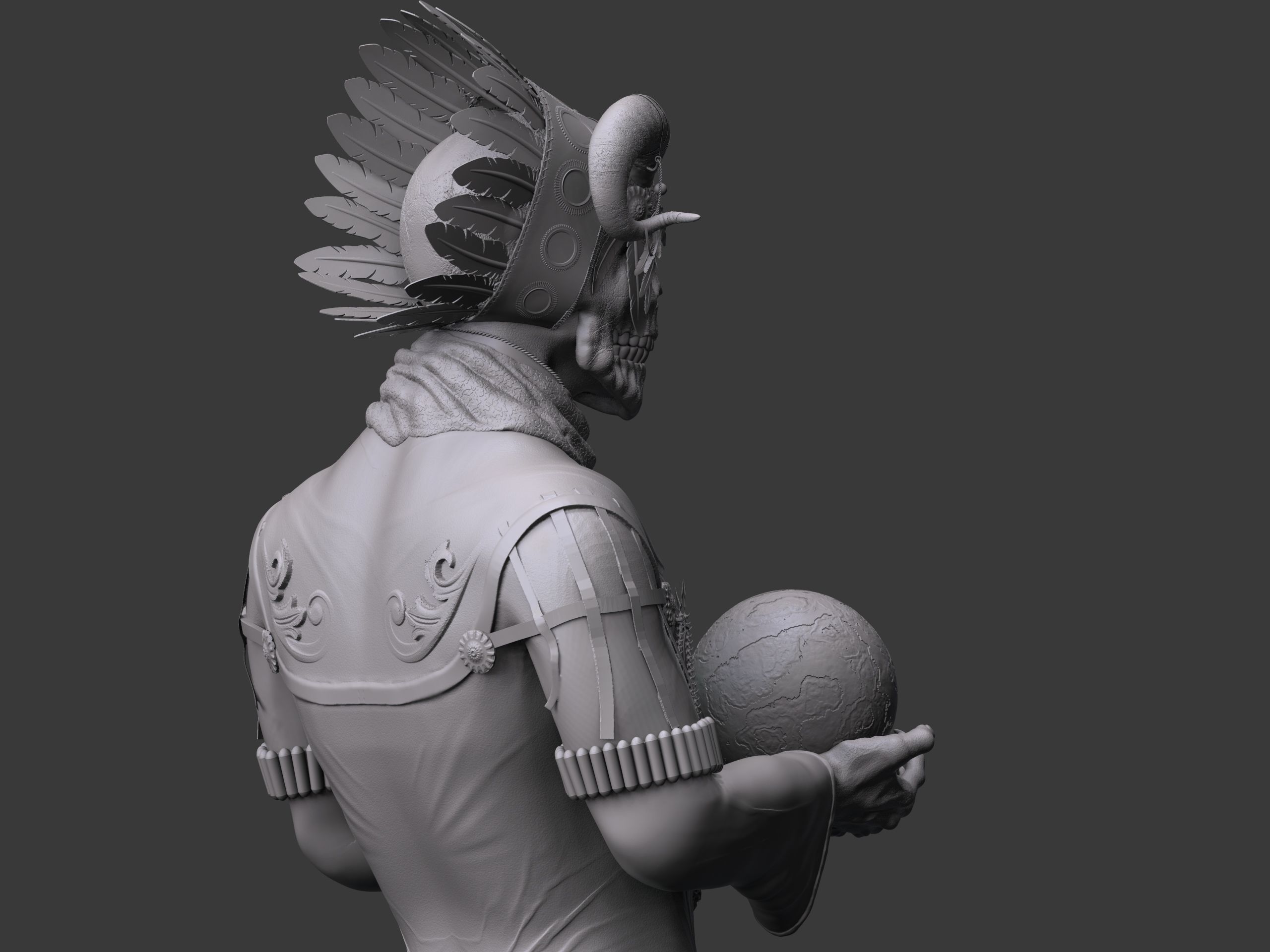 Shaman three skulls holding ball 3D print model_5