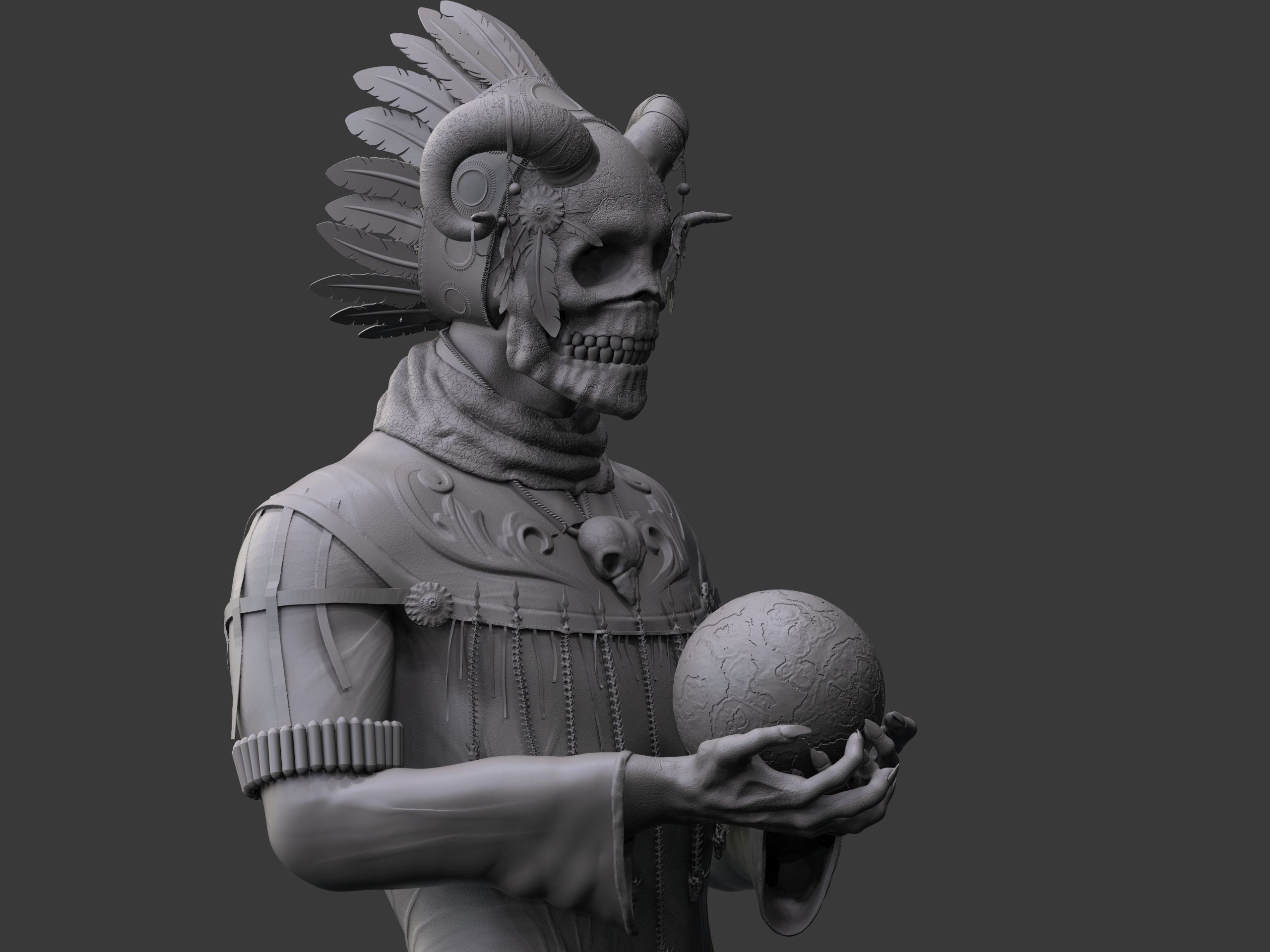 Shaman three skulls holding ball 3D print model_3