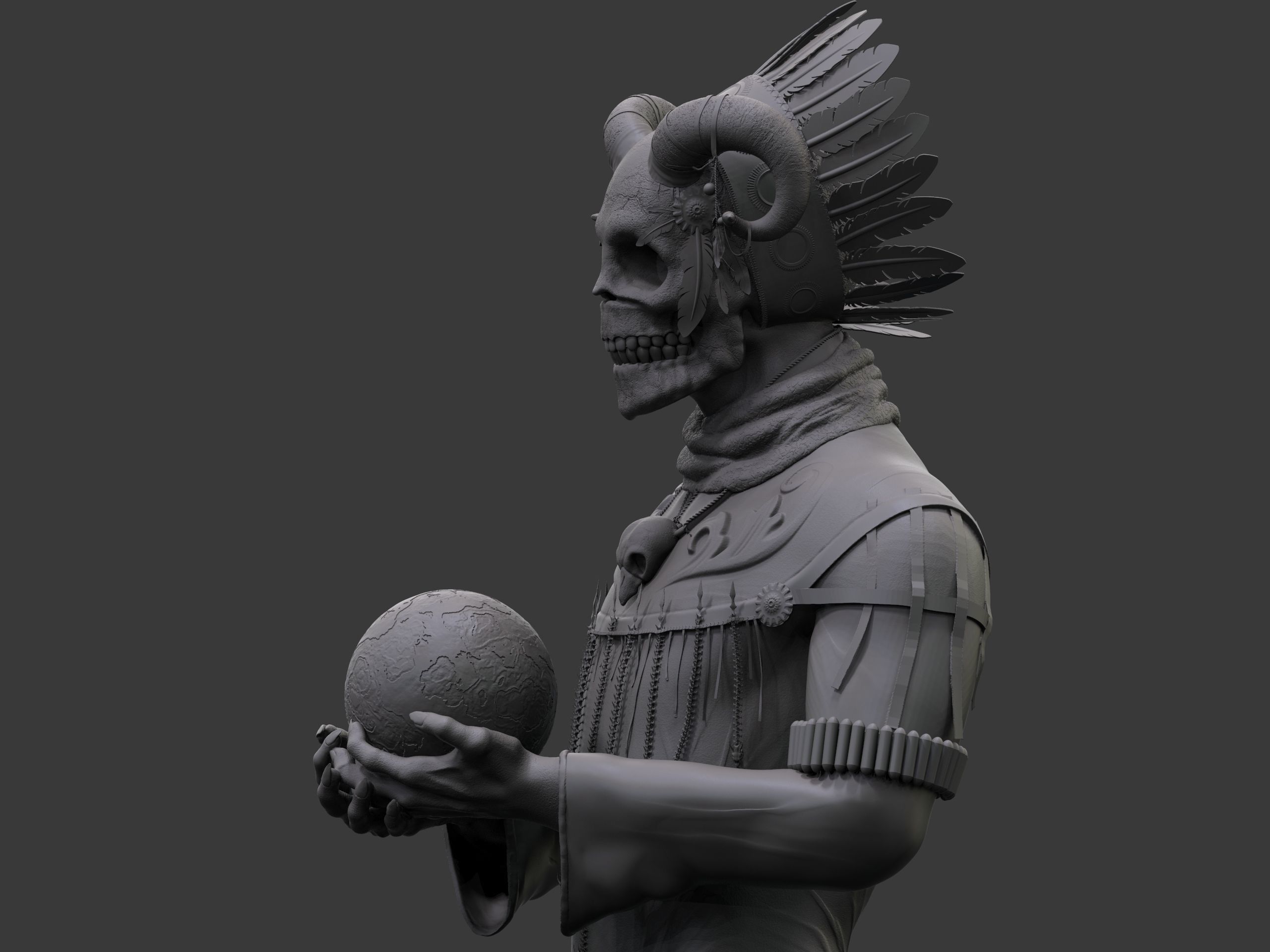 Shaman three skulls holding ball 3D print model_8