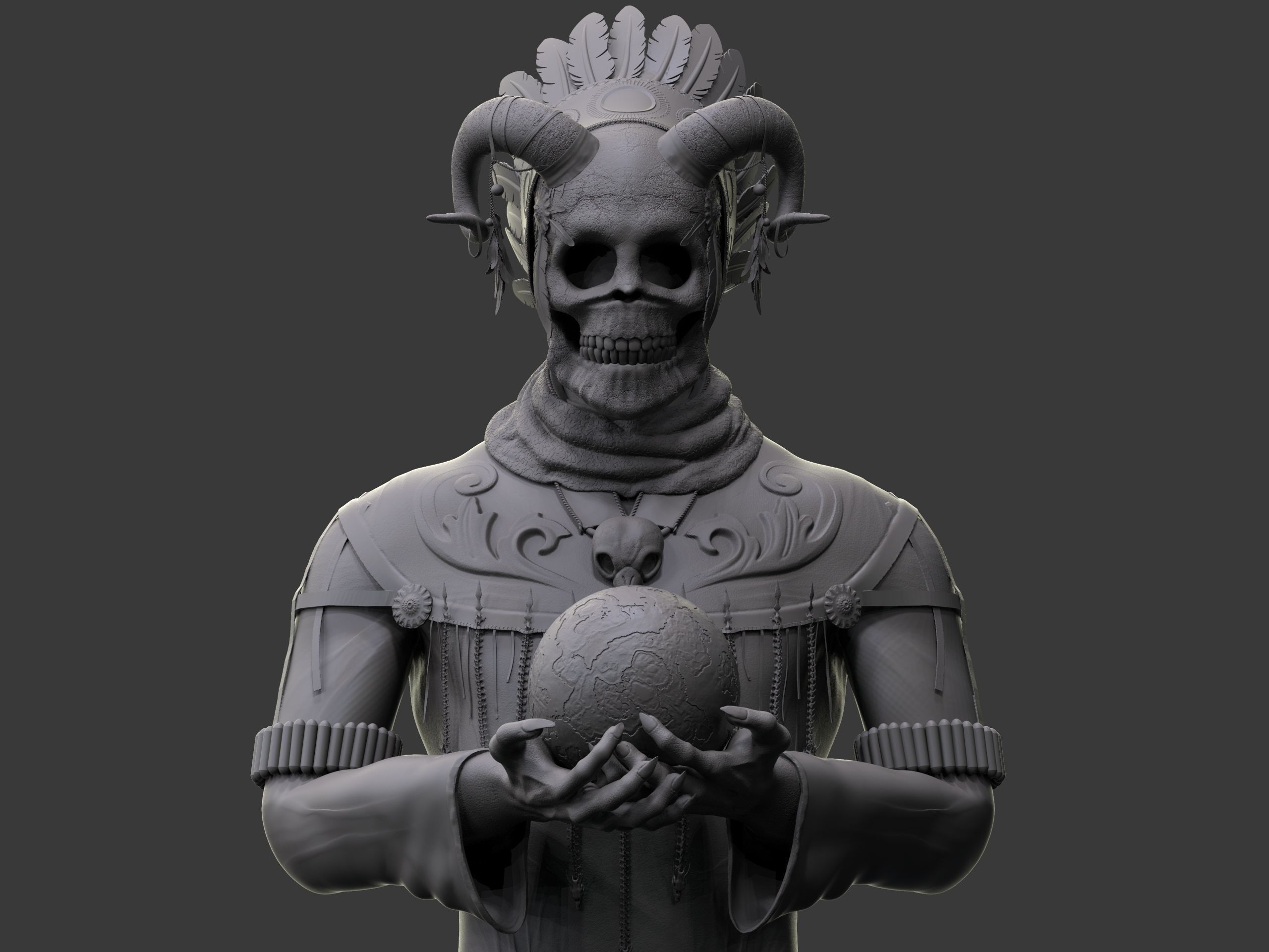 Shaman three skulls holding ball 3D print model_1