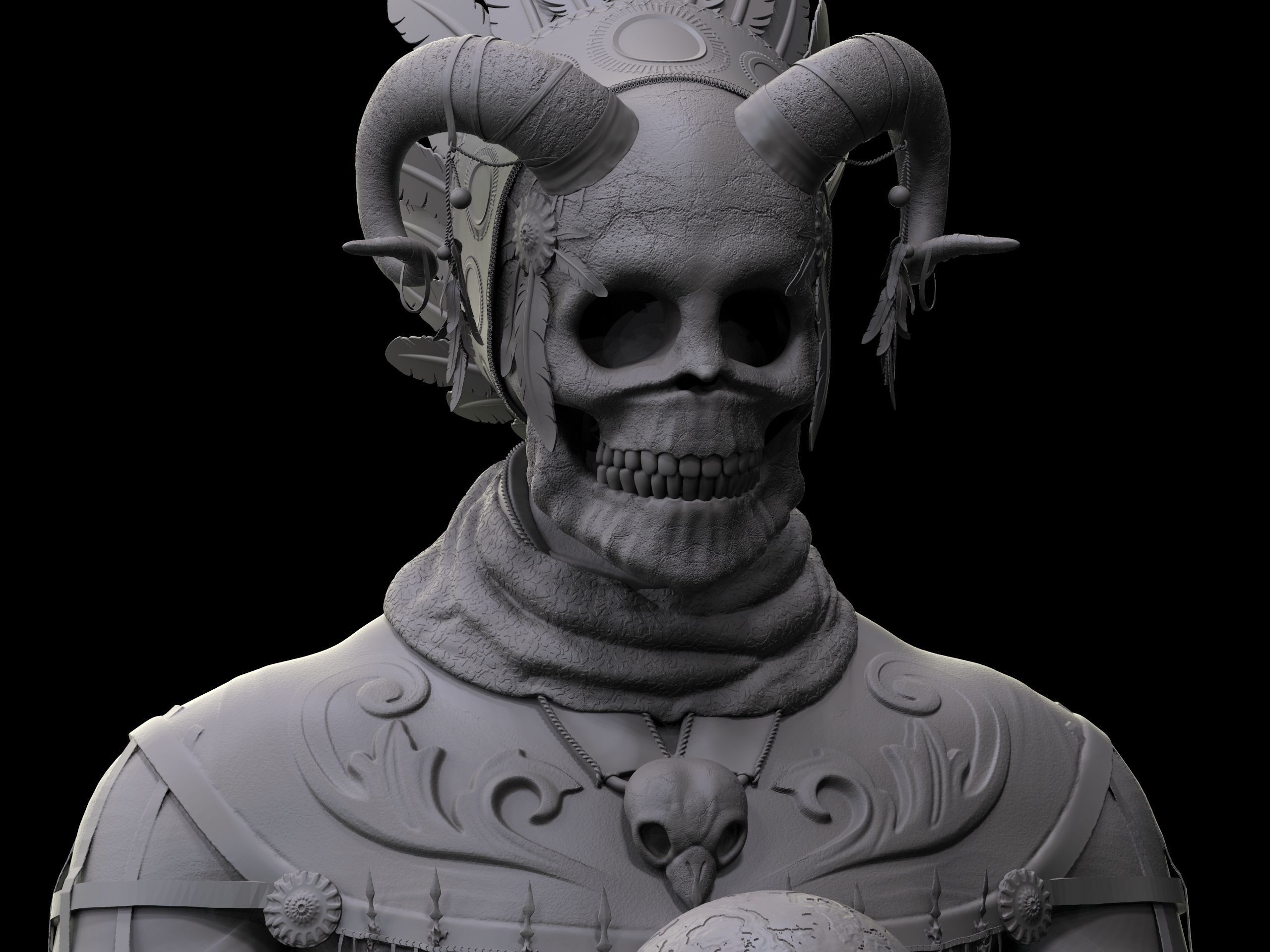 Shaman three skulls holding ball 3D print model_9