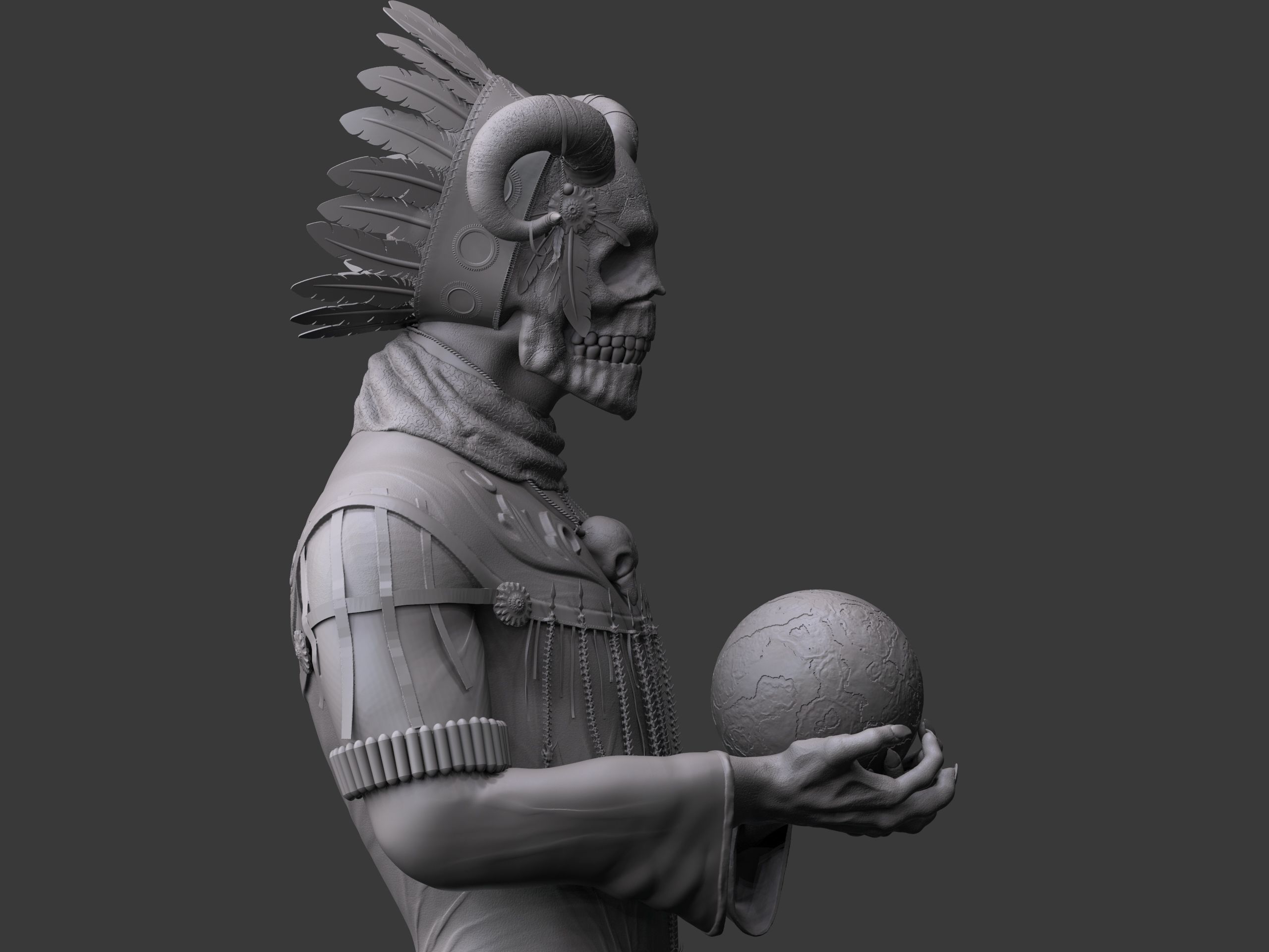Shaman three skulls holding ball 3D print model_4