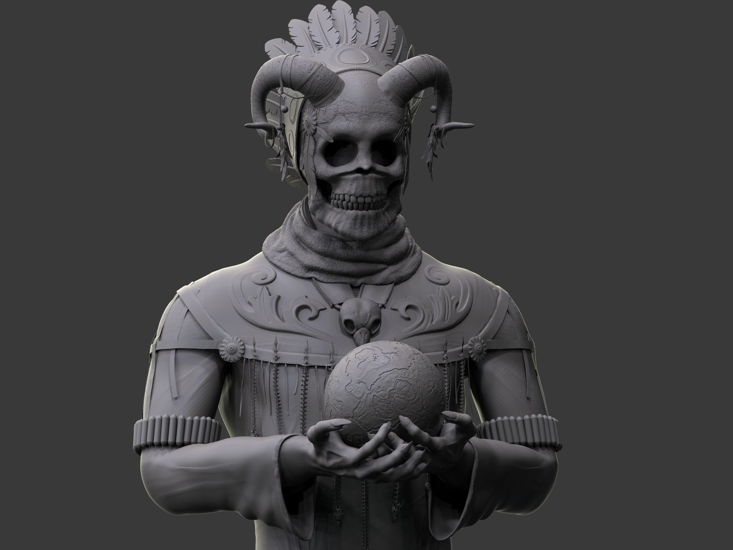 Shaman three skulls holding ball 3D print model_2
