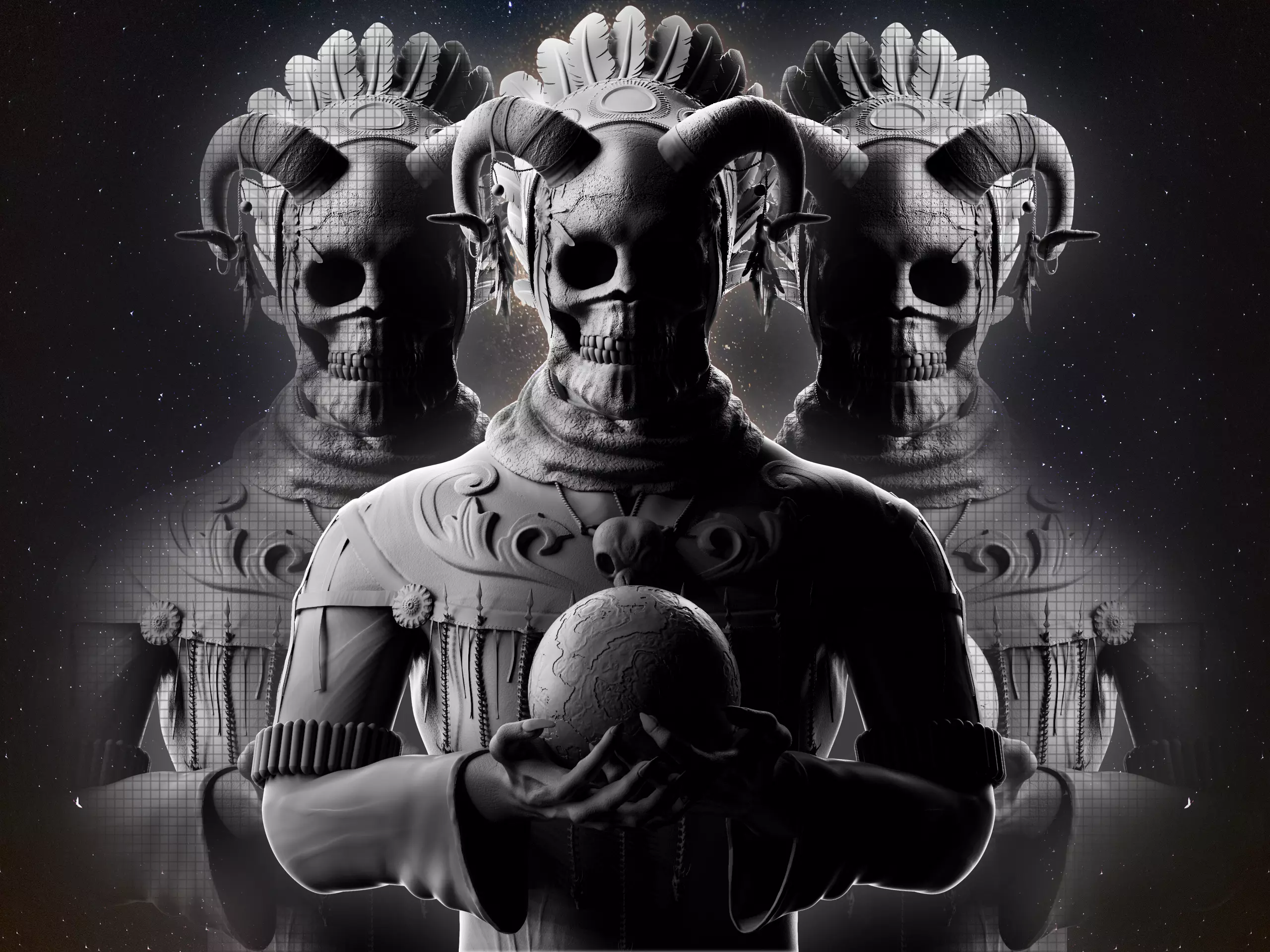 Shaman three skulls holding ball 3D print model_0