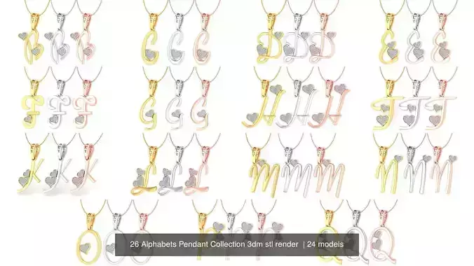 26 Alphabets Pendant Collection 3dm stl render  