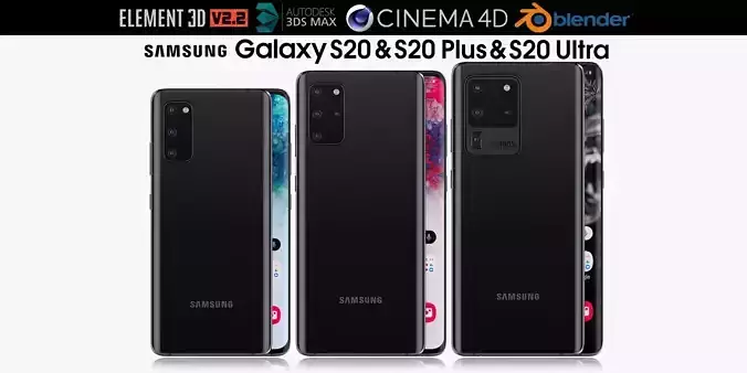 Samsung Galaxy S20 and S20 Plus and S20 5G Ultra cosmic black 3D model