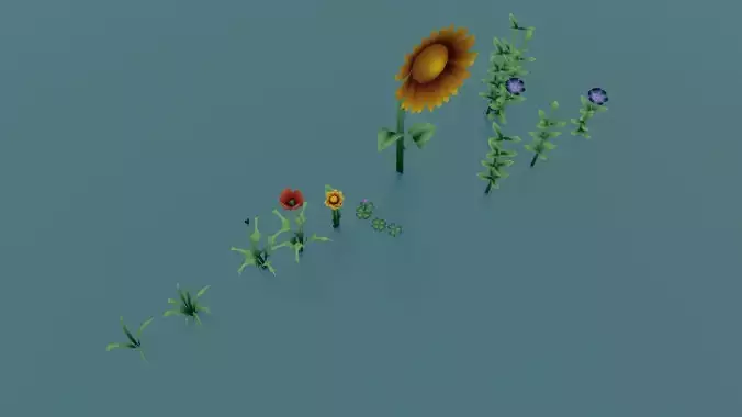 Flowers low poly sunflowers in row