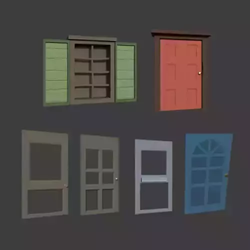 Wooden Window and Doors Low-poly 3D model