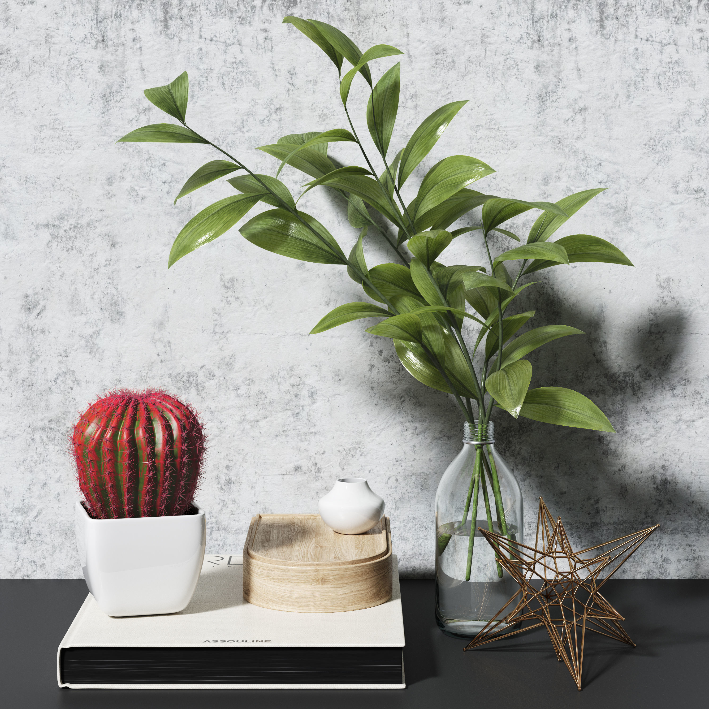 Decor set 4 cactus in vase and book on table 3D model_1