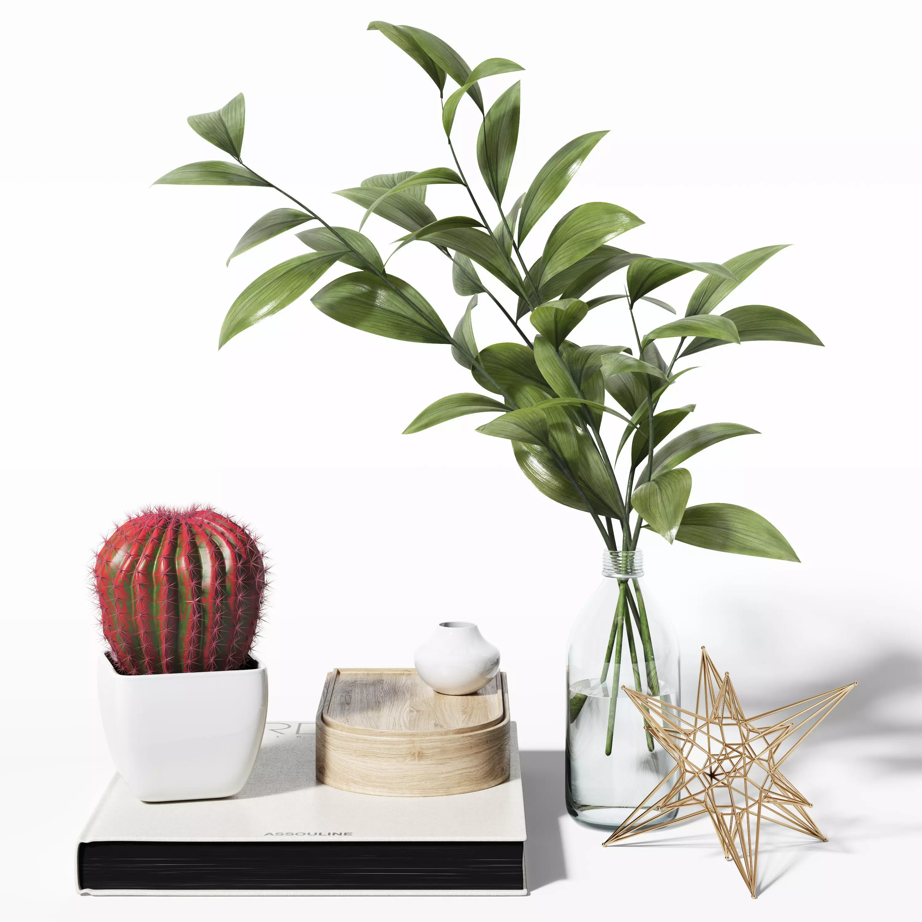 Decor set 4 cactus in vase and book on table 3D model_0
