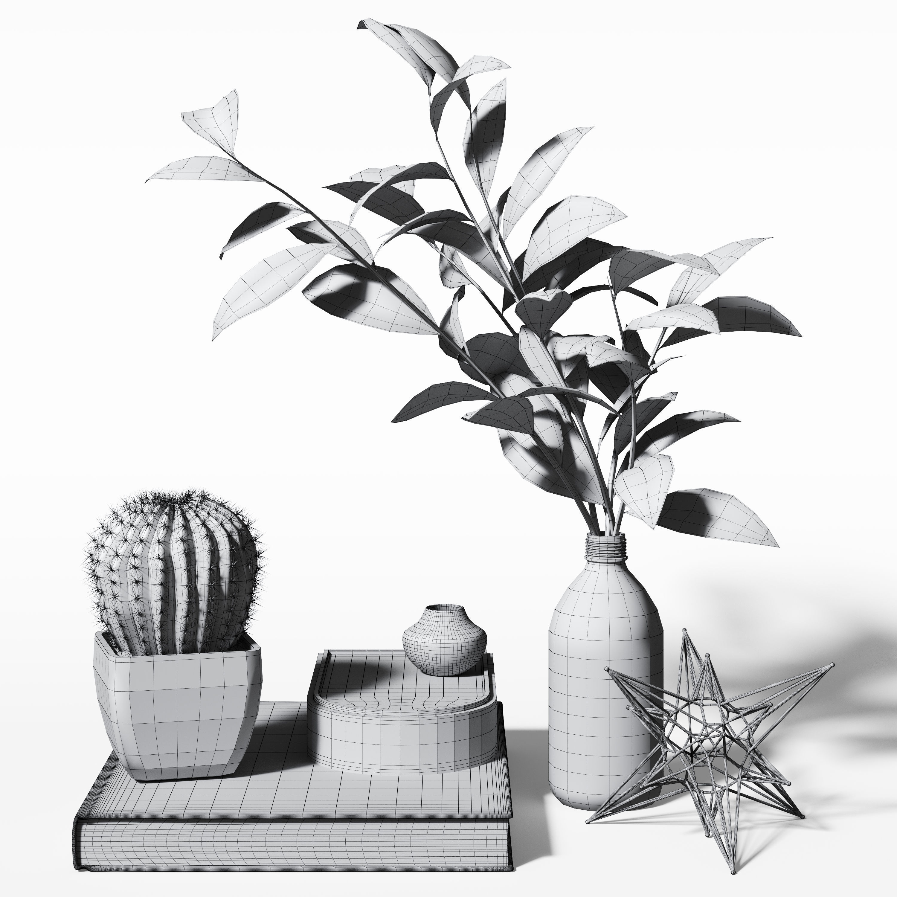 Decor set 4 cactus in vase and book on table 3D model_2