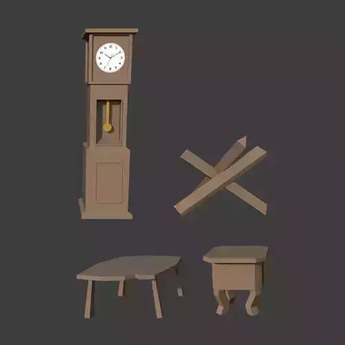 Wooden clock and Chairs Low-poly 3D model