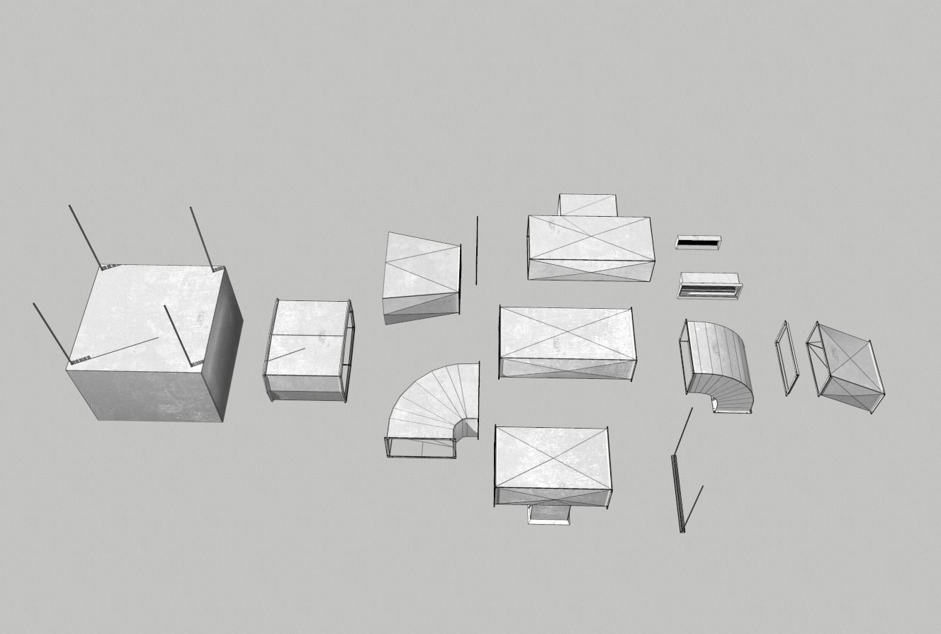 Old Air ducts modular ventilation system Low-poly 3D model_9
