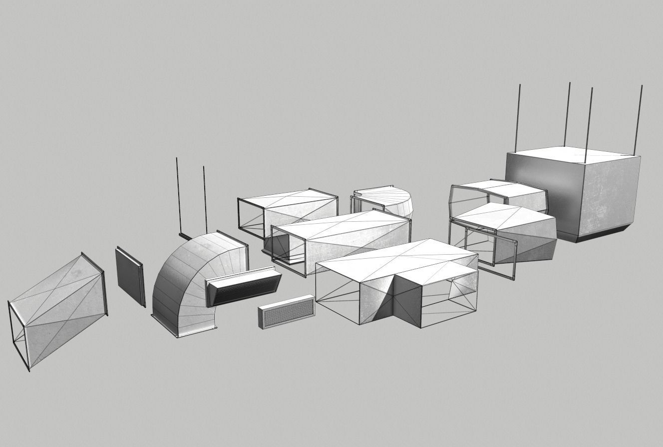 Old Air ducts modular ventilation system Low-poly 3D model_10