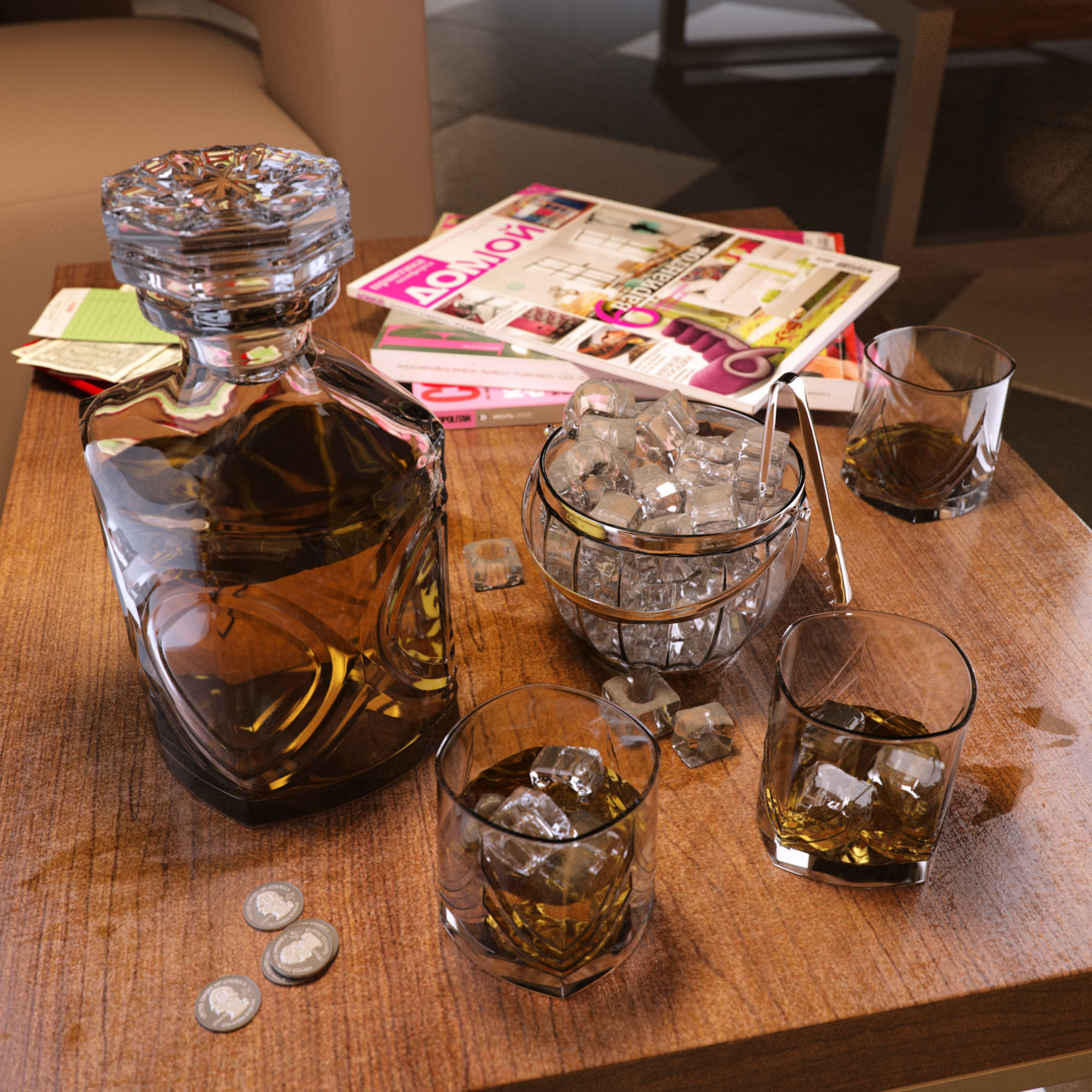 Whiskey set with bucket for ice 3D model_1