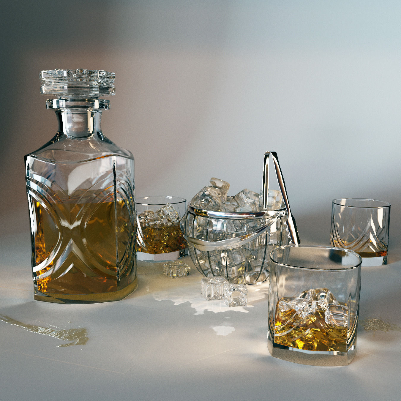 Whiskey set with bucket for ice 3D model_3