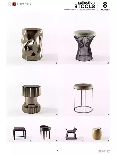 Stools Pack - 8 models Low-poly 3D model