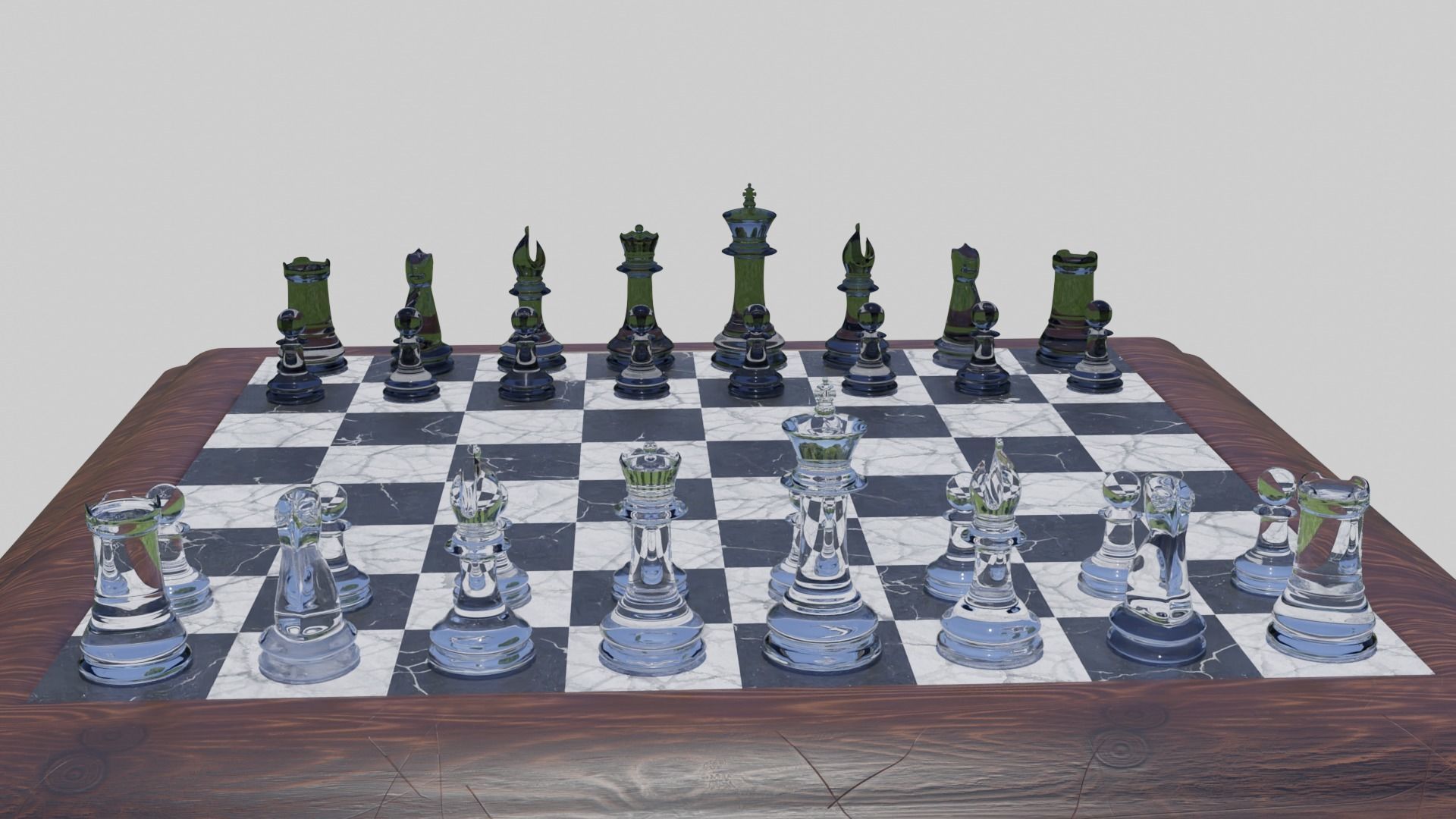 Glass Chess Set Wooden Board 3D model_6