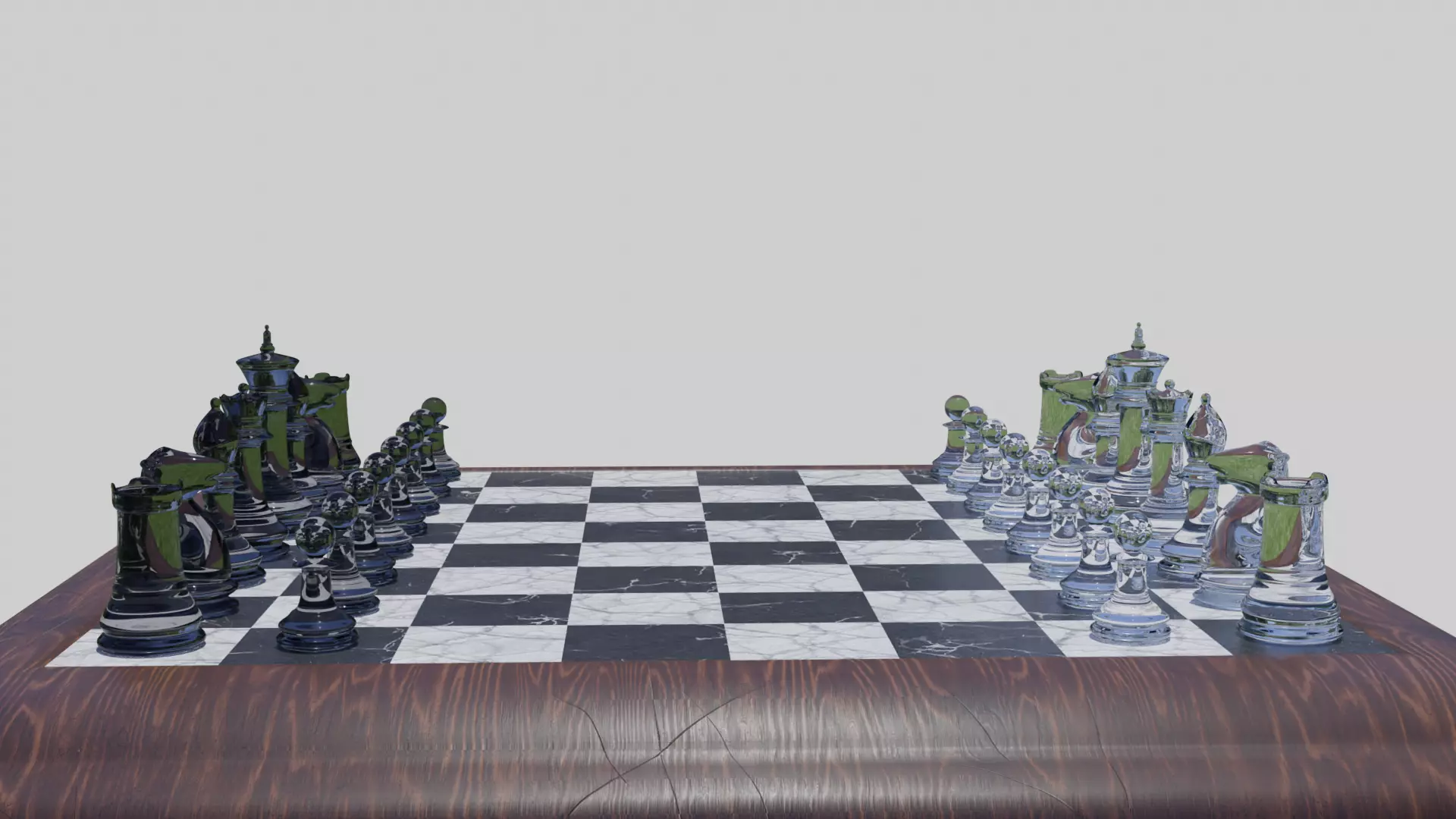 Glass Chess Set Wooden Board 3D model_0
