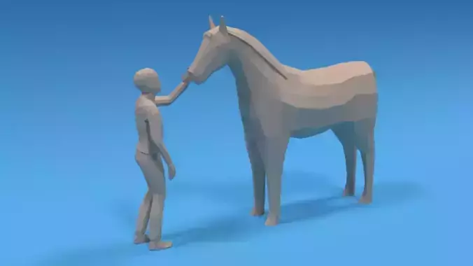 Low Poly Cartoon Kid Touching a Horse
