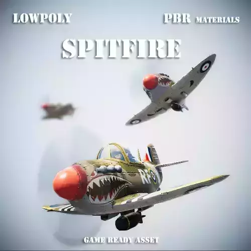 Low poly Spitfire PBR fighter planes flying in sky Low-poly 3D model