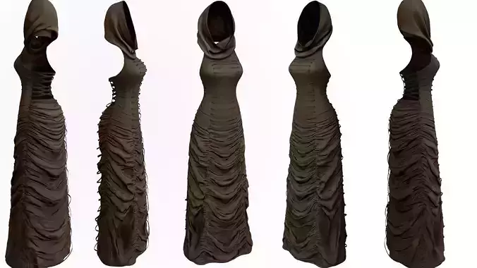 Textured Long Wrinkled Ruffled Hooded Dress Low-poly 3D model
