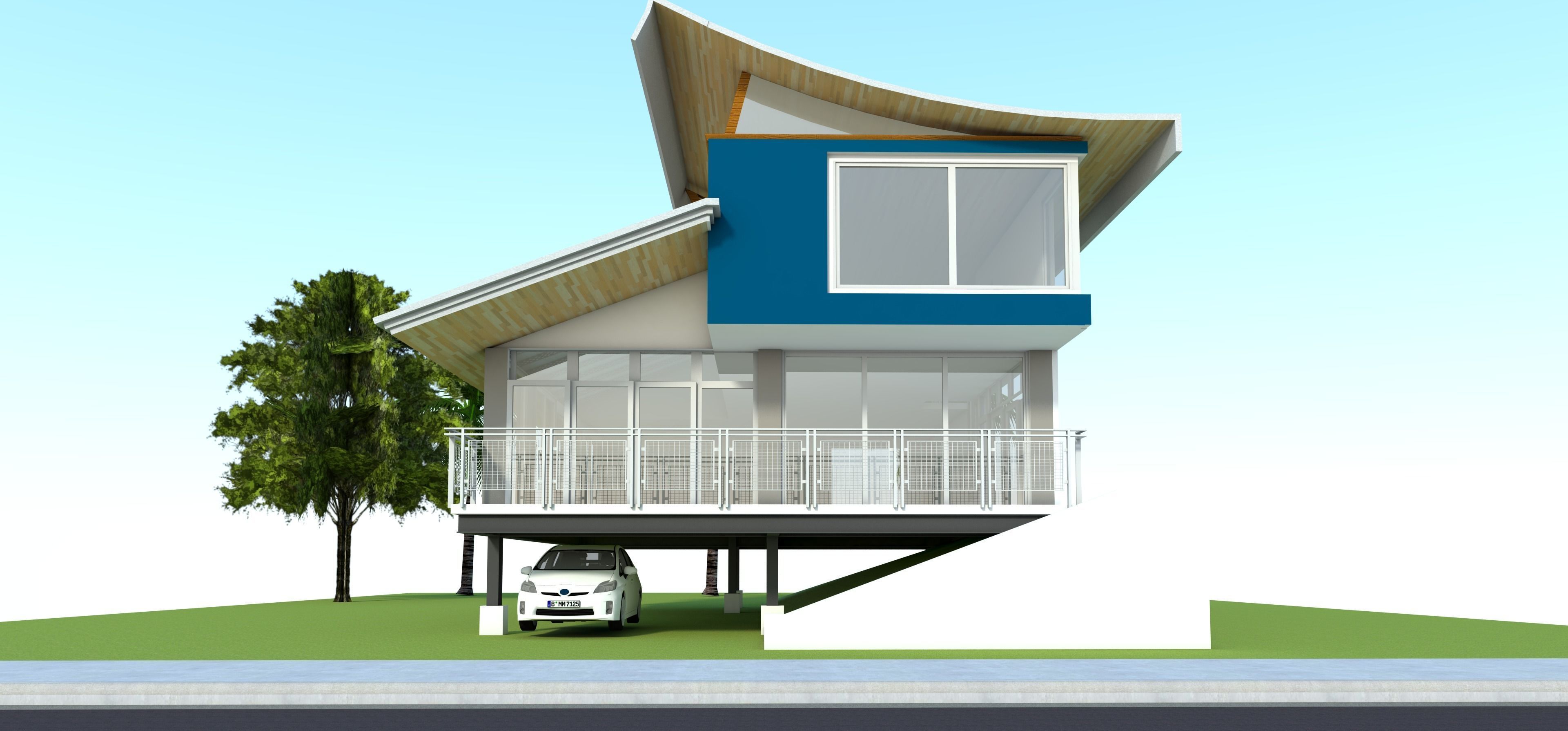 Modern House Design with Curve Roofing 3D model_1