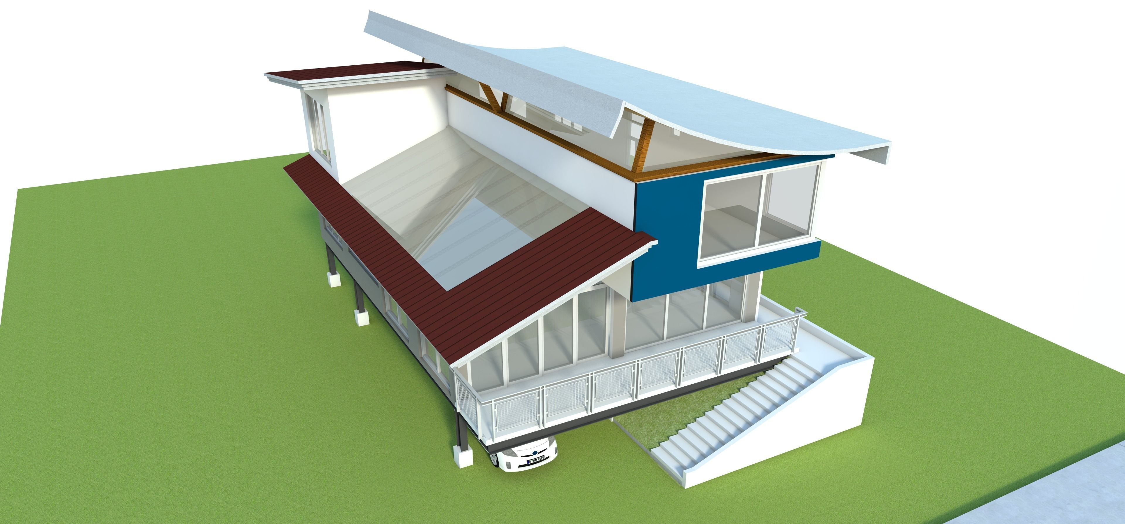 Modern House Design with Curve Roofing 3D model_3