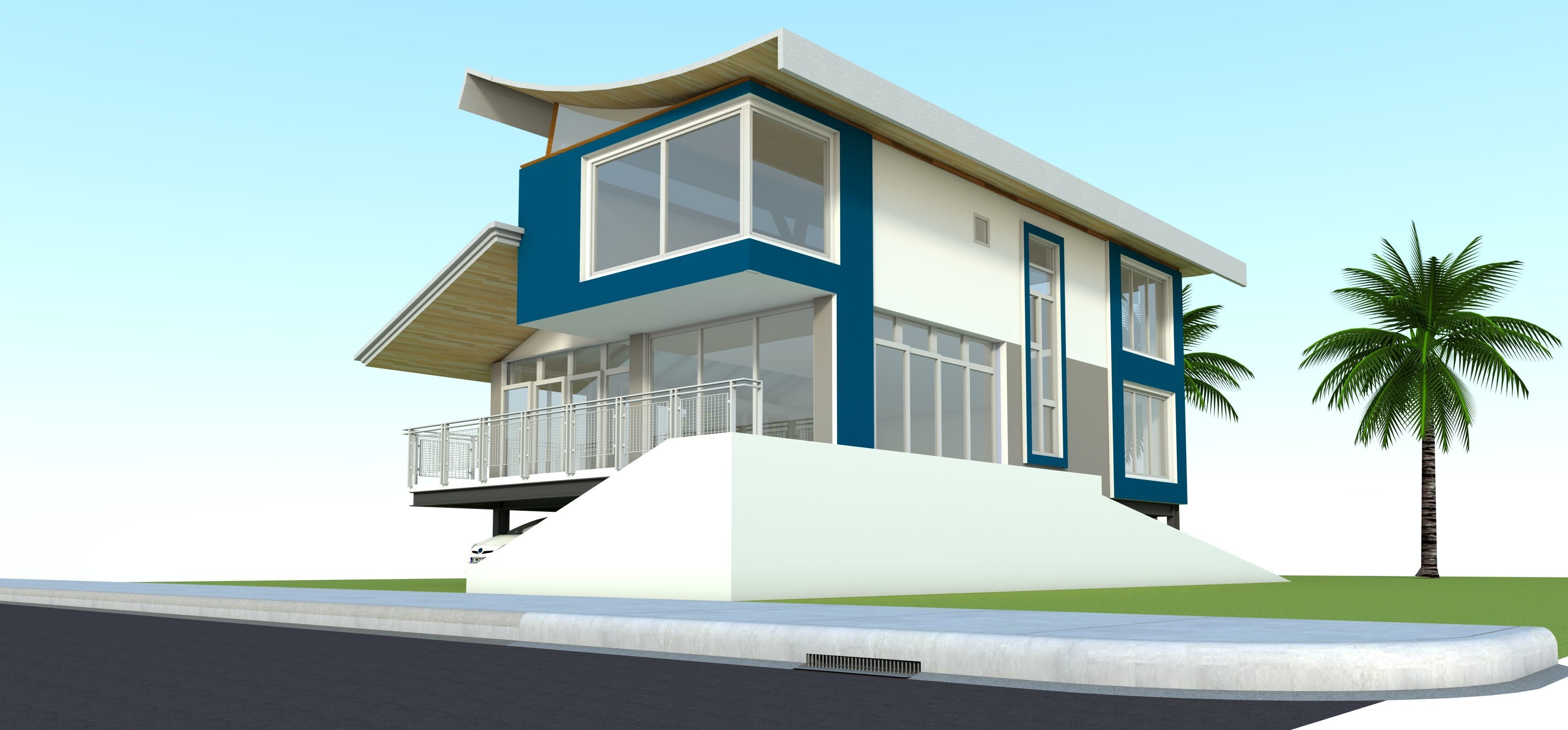 Modern House Design with Curve Roofing 3D model_2