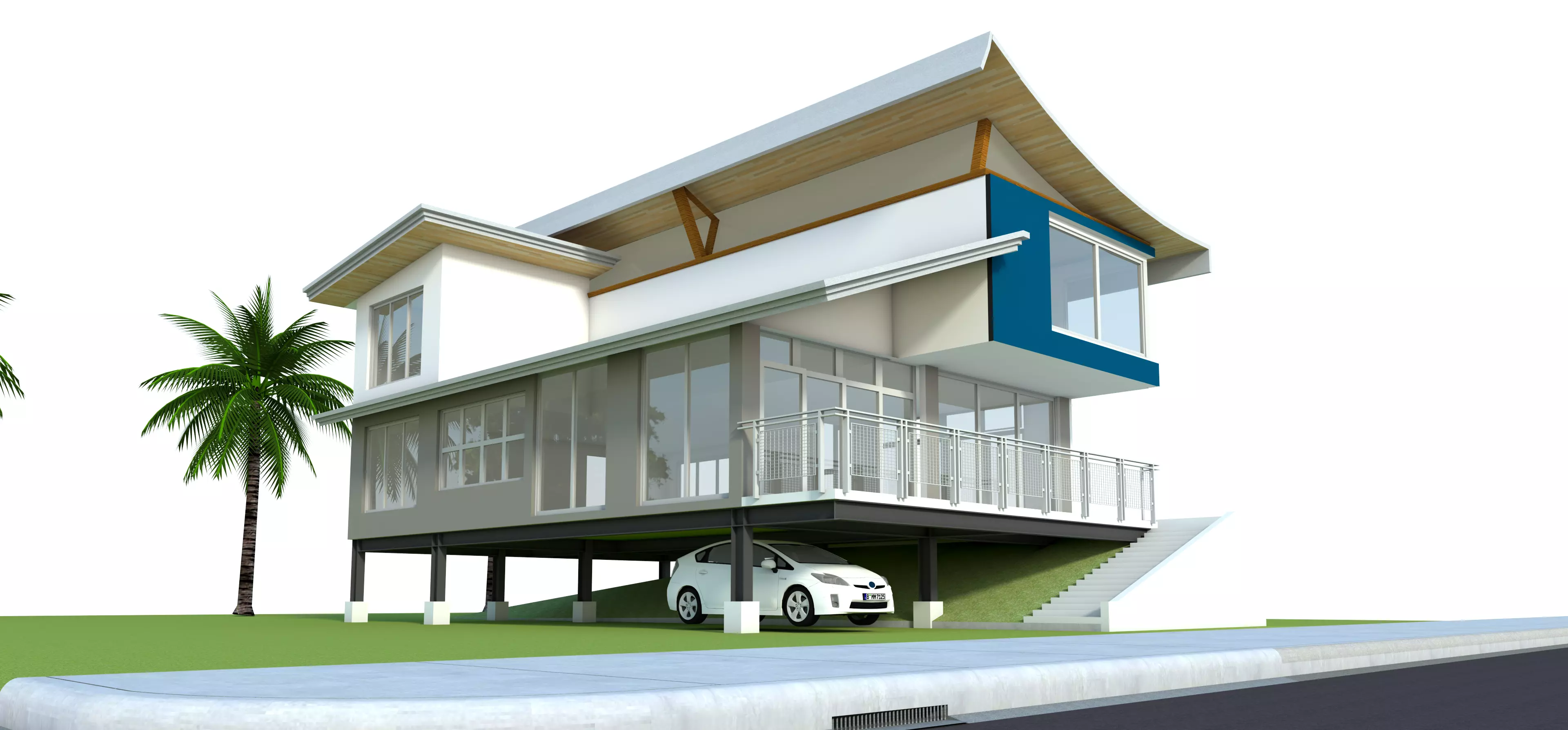 Modern House Design with Curve Roofing 3D model_0
