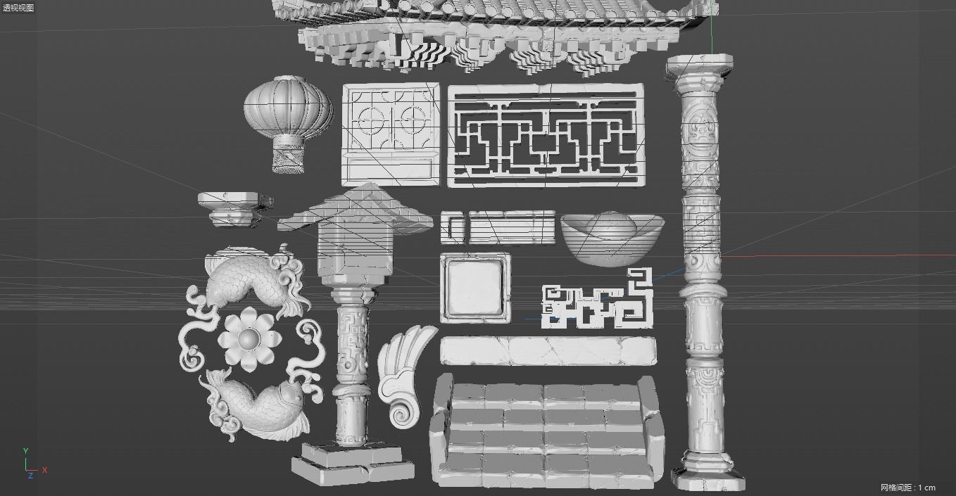 China Ancient Architecture Stone Window Roof Steps fish light 3D model_4