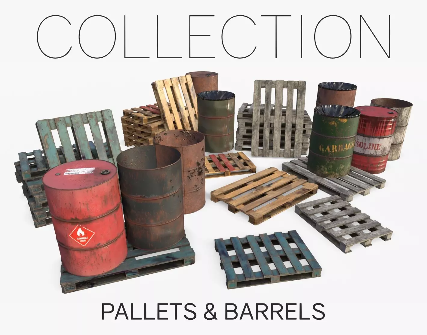Wooden Pallet and Metallic Barrels Collection _0