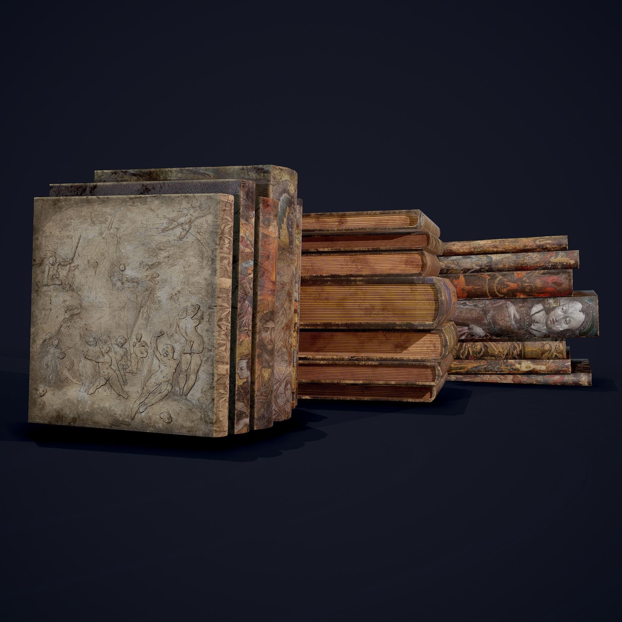 Medieval Books Row 3 Designs 1 2 and 3 3D Model Collection_14