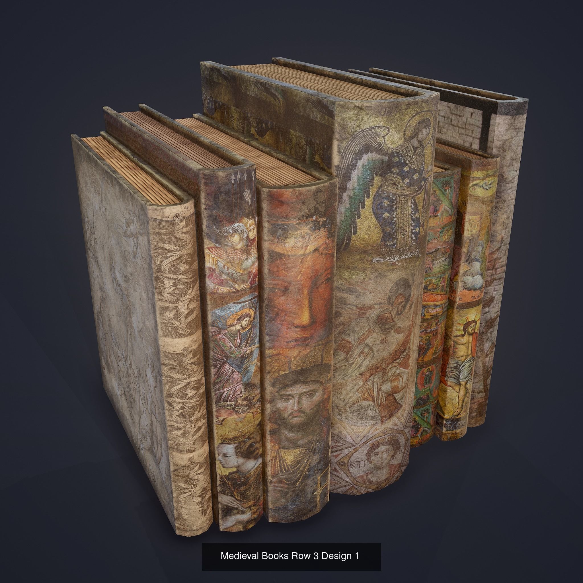 Medieval Books Row 3 Designs 1 2 and 3 3D Model Collection_16