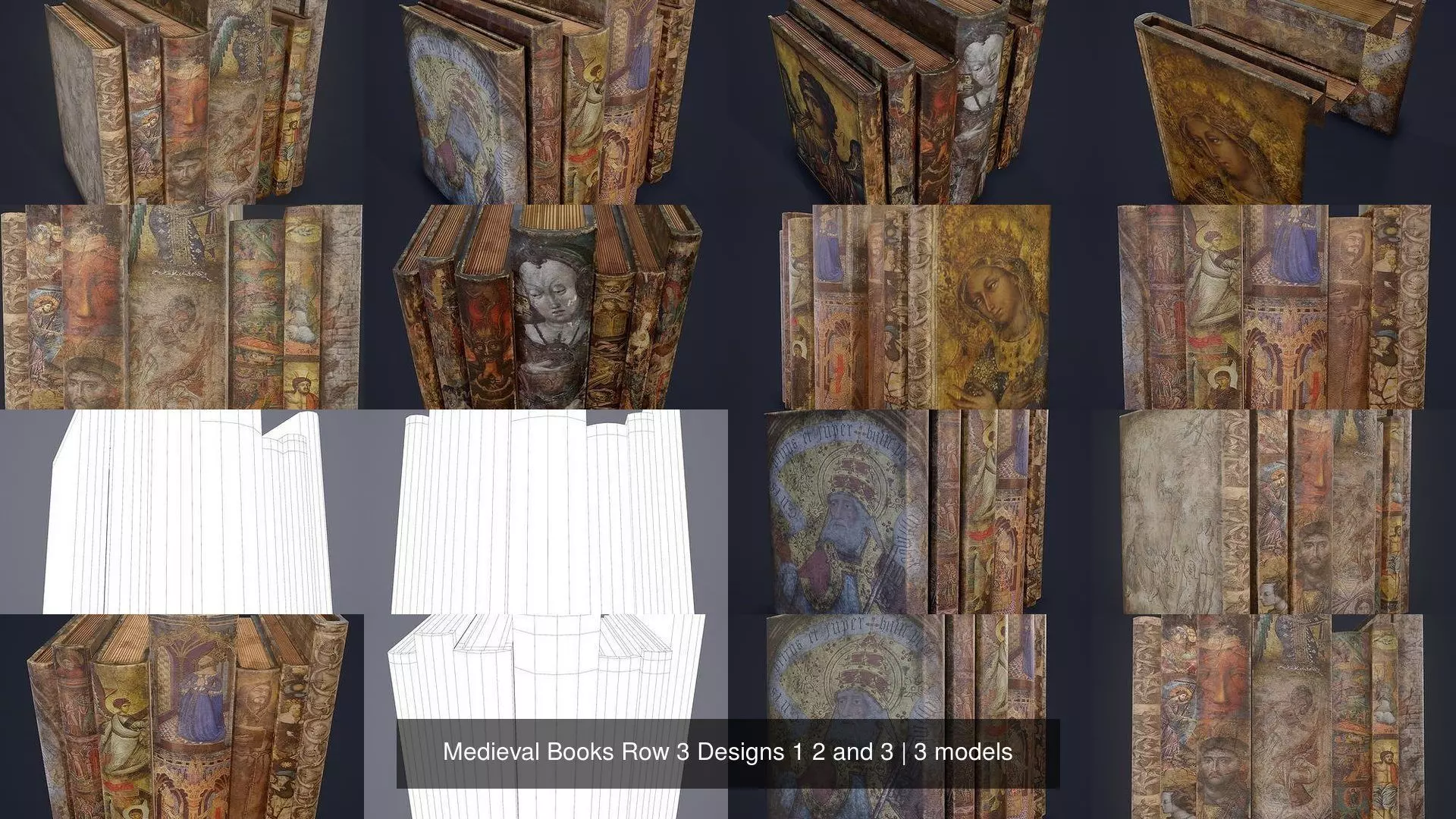 Medieval Books Row 3 Designs 1 2 and 3 3D Model Collection_4