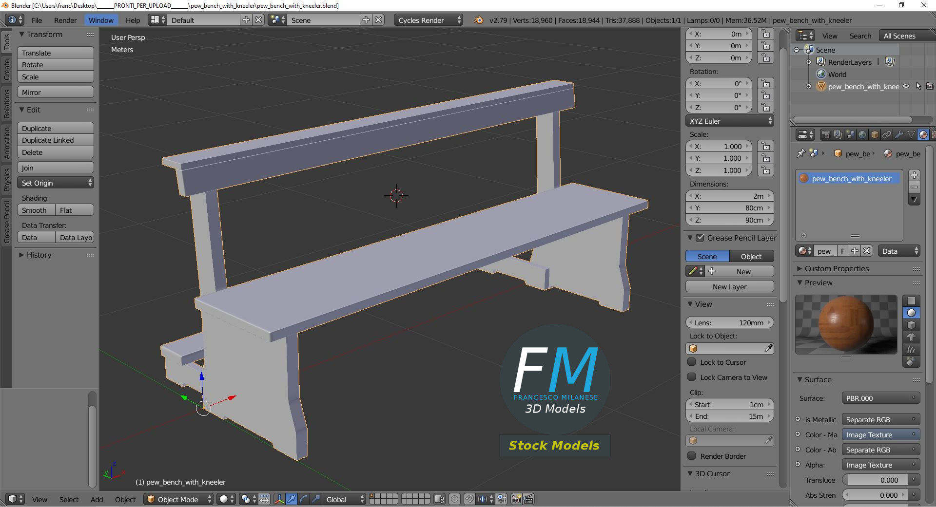 Pew bench with kneeler 3D model_9