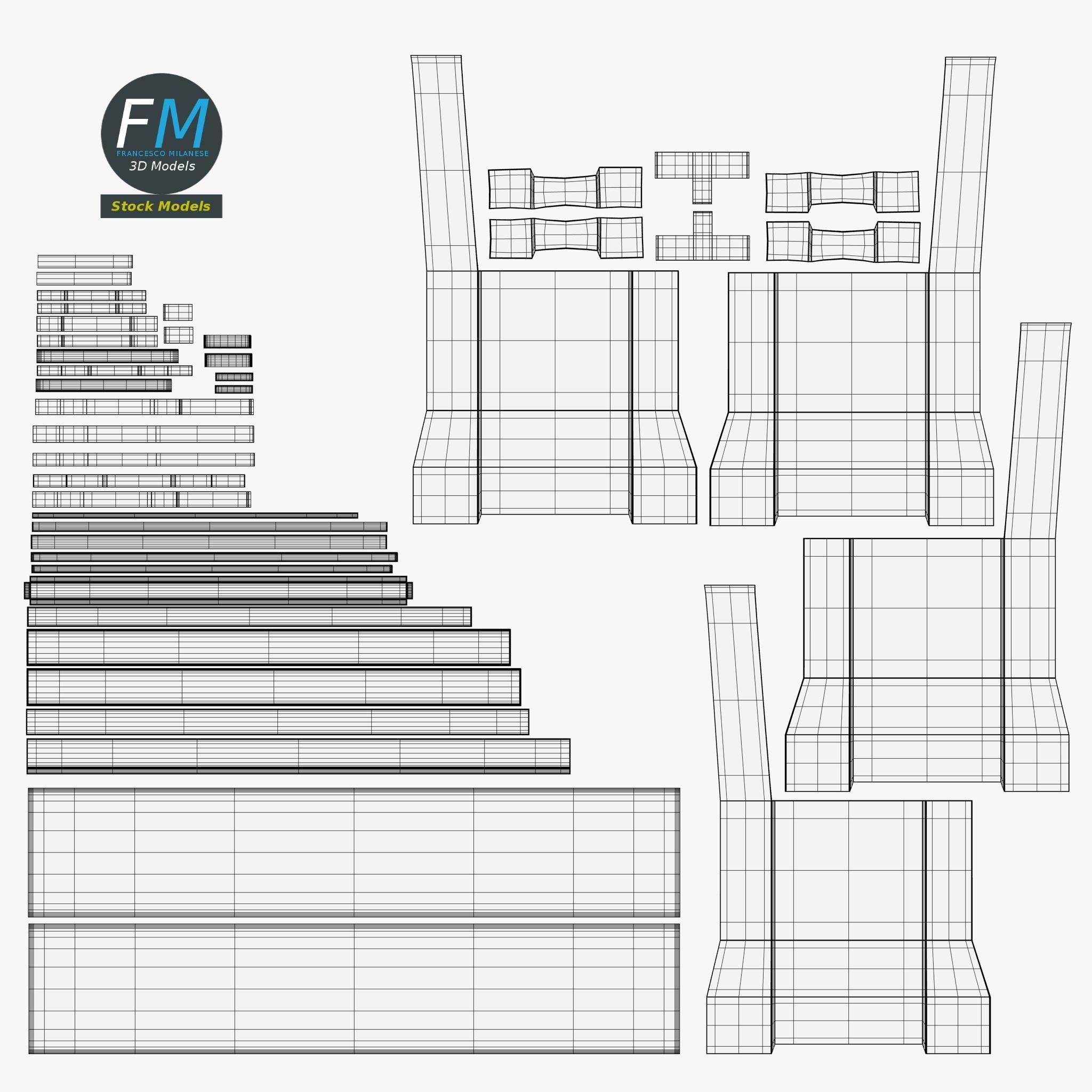 Pew bench with kneeler 3D model_11