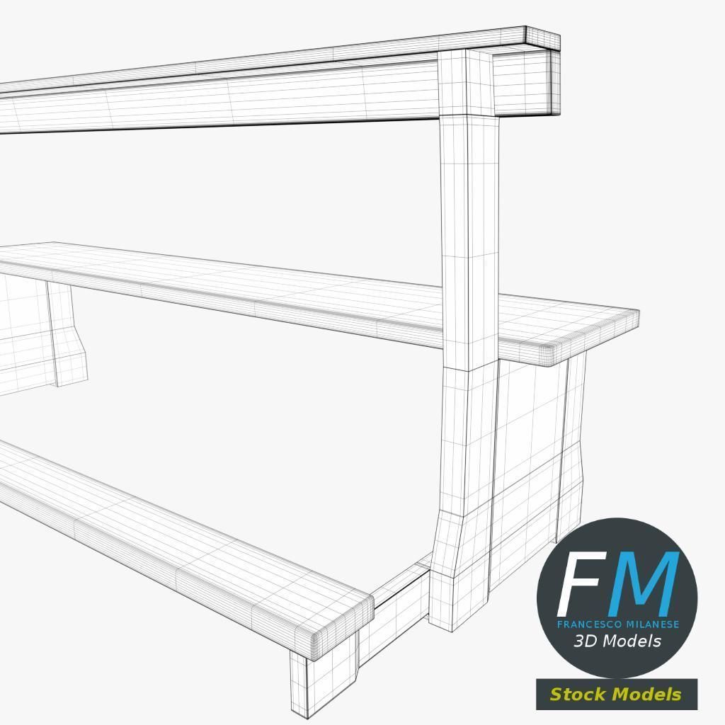 Pew bench with kneeler 3D model_8
